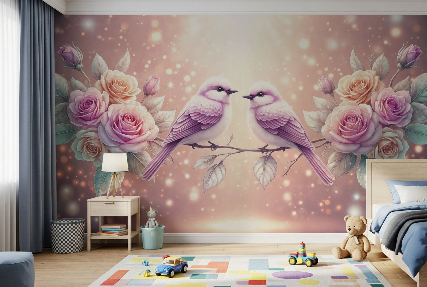 Rose & songbirds wall mural with pastel floral art