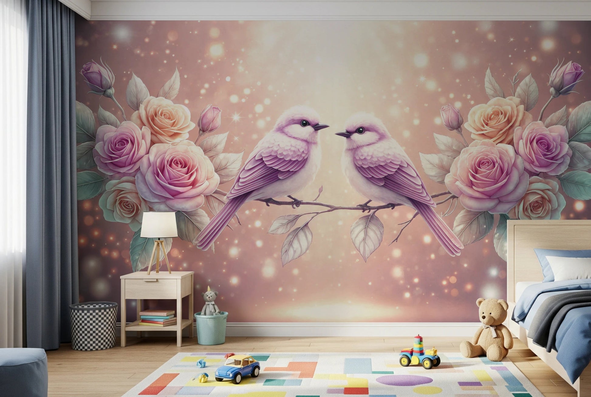 Rose & songbirds wall mural with pastel floral art