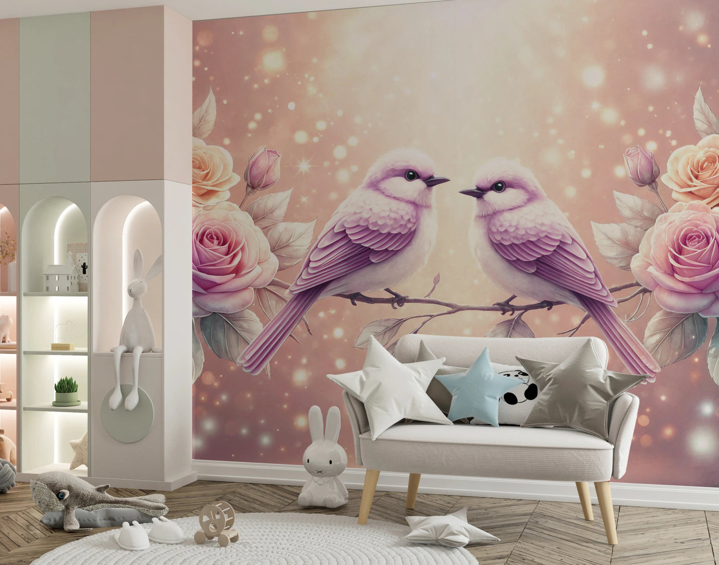 Rose & songbirds wall art in soft pink background