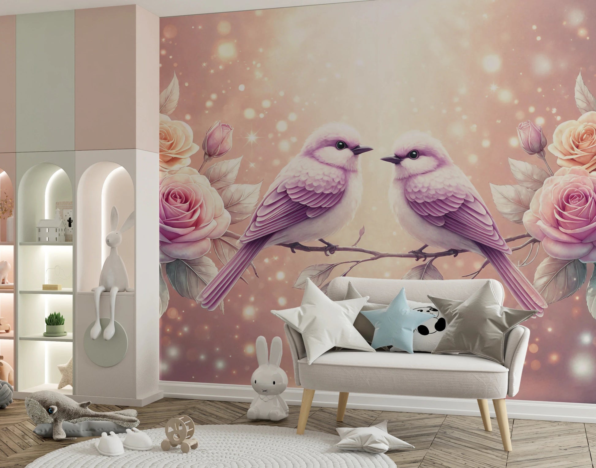 Rose & songbirds wall art in soft pink background