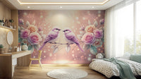 Birds wallpaper with roses for calm interior spaces