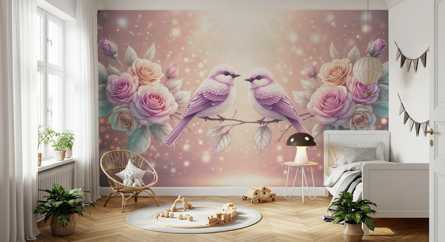 Rose and songbirds mural for elegant feature wall