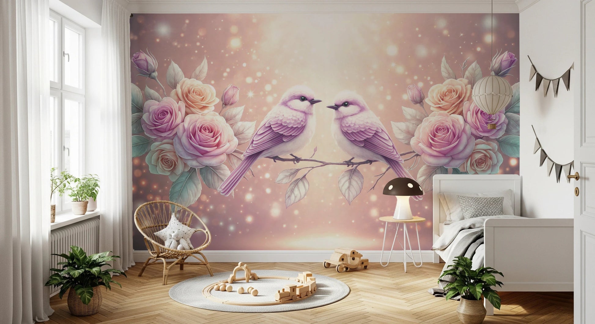 Rose and songbirds mural for elegant feature wall