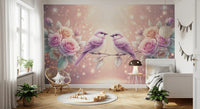 Rose and songbirds mural for elegant feature wall