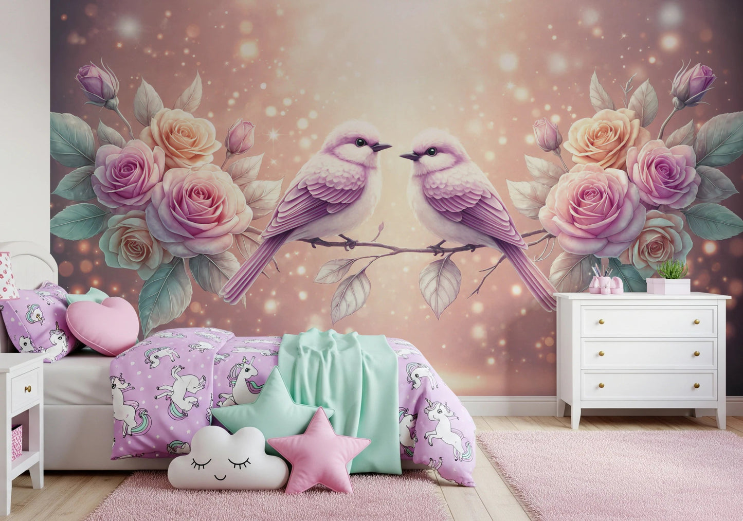 Artistic rose bird mural for cosy bedroom wall