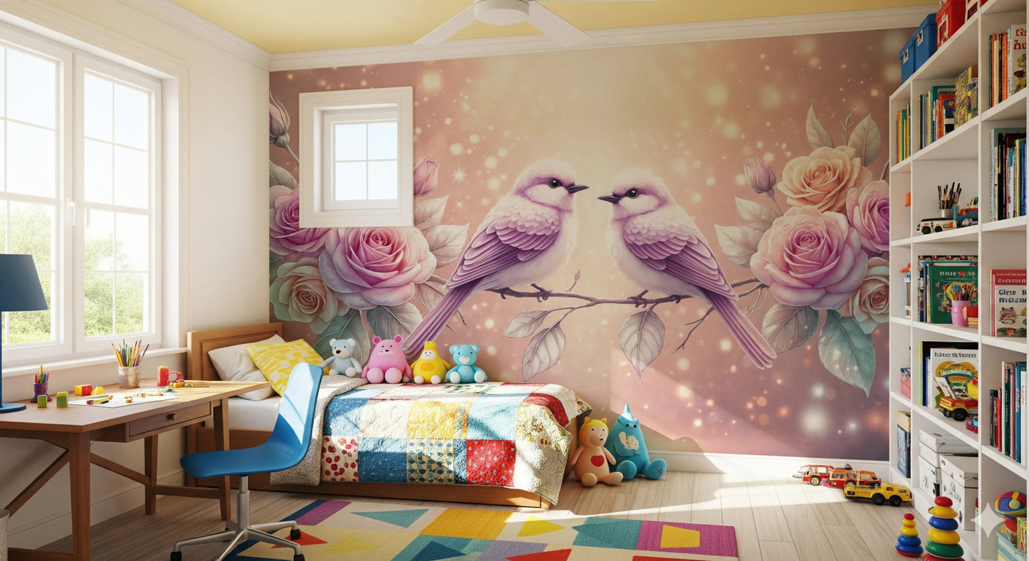 Pastel rose bird wall mural for classic bedroom