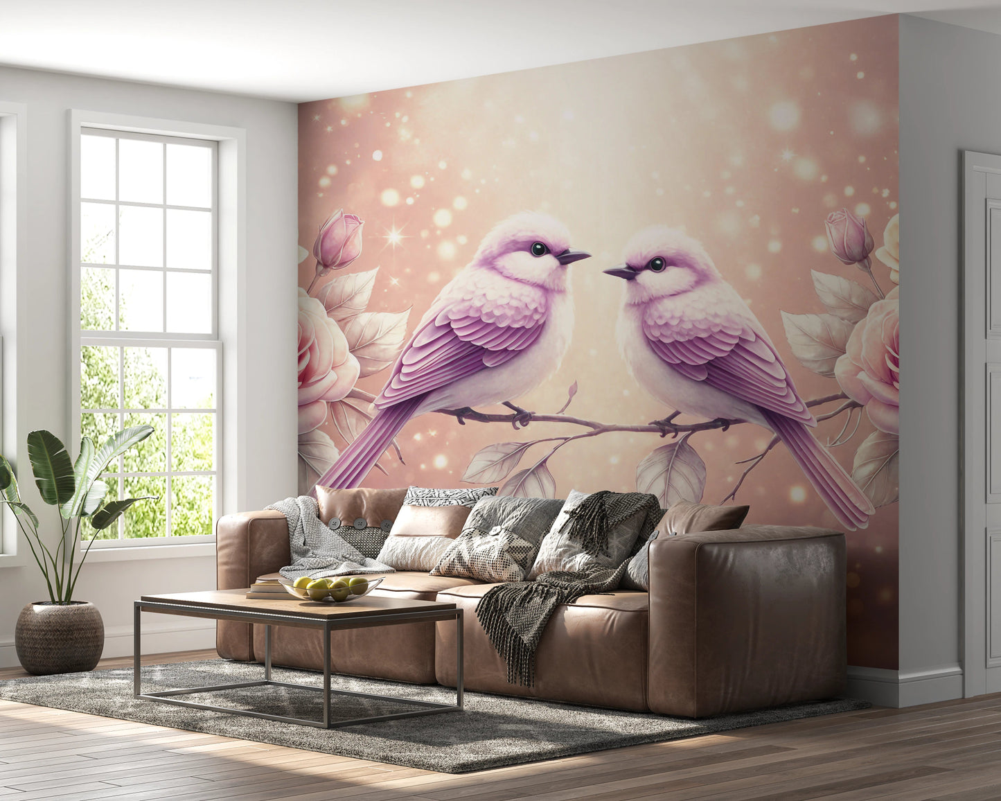 Floral birds wallpaper in pink tones for living room