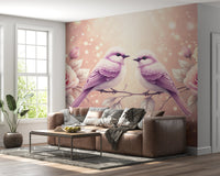 Floral birds wallpaper in pink tones for living room
