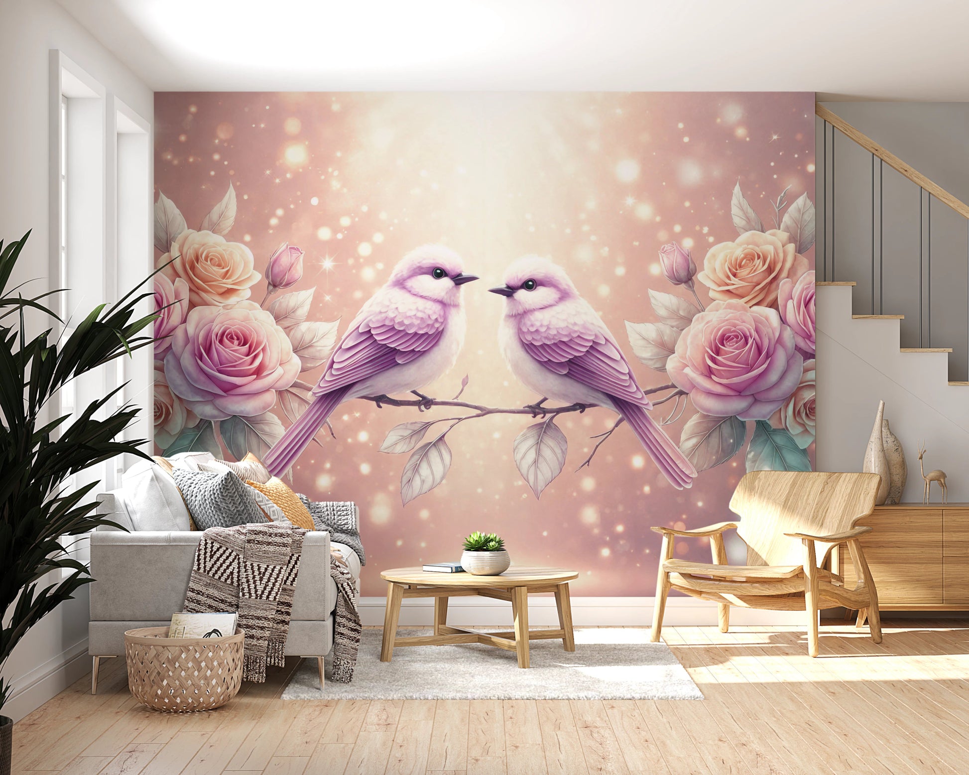Birds wallpaper with roses for soft bedroom wall