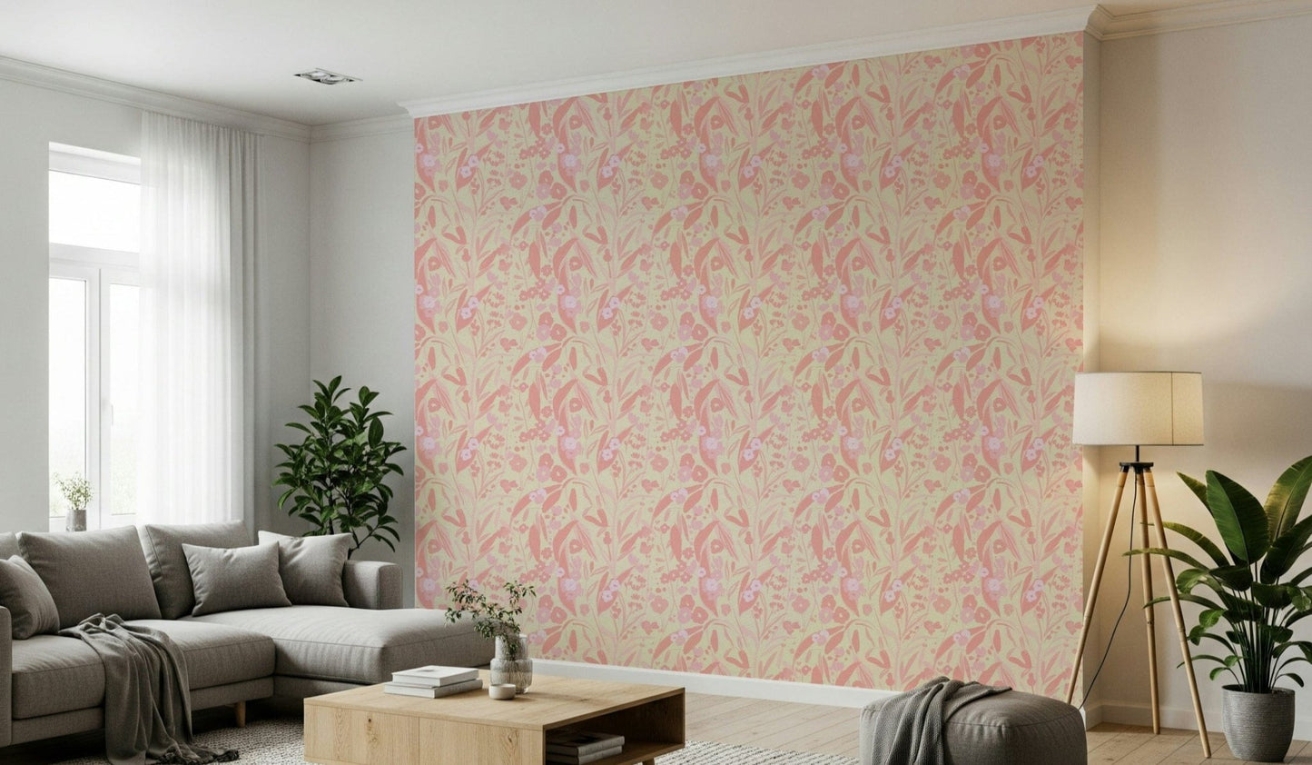 A contemplative gentle pink wallpaper mural for a feature wall.