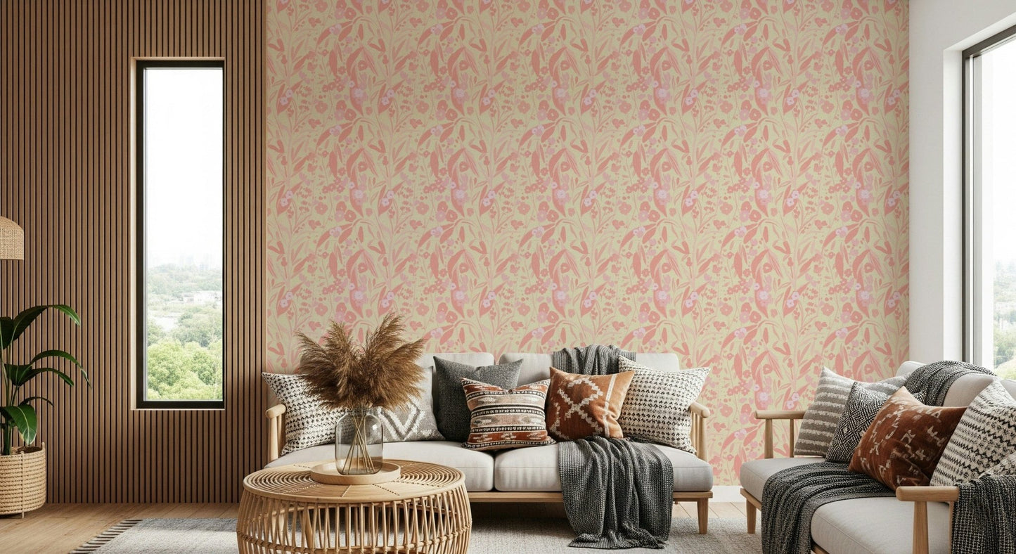 A graceful subtle pattern wall mural in soft, rose tones.