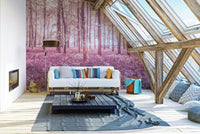 A detailed image of a wall mural featuring a sun-dappled forest scene.

