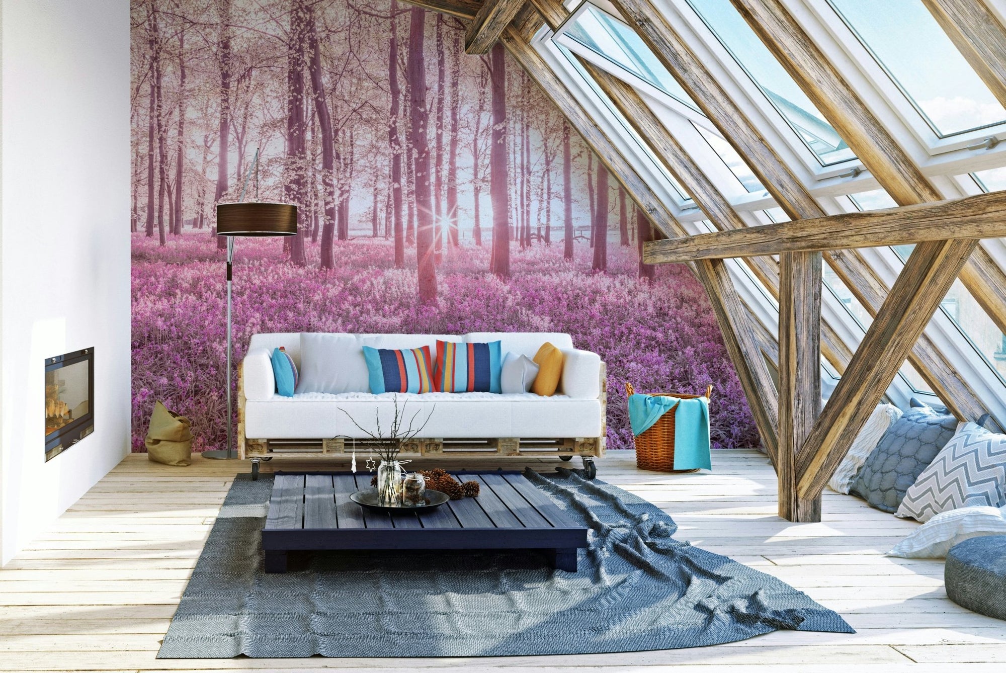 A detailed image of a wall mural featuring a sun-dappled forest scene. GD3408

