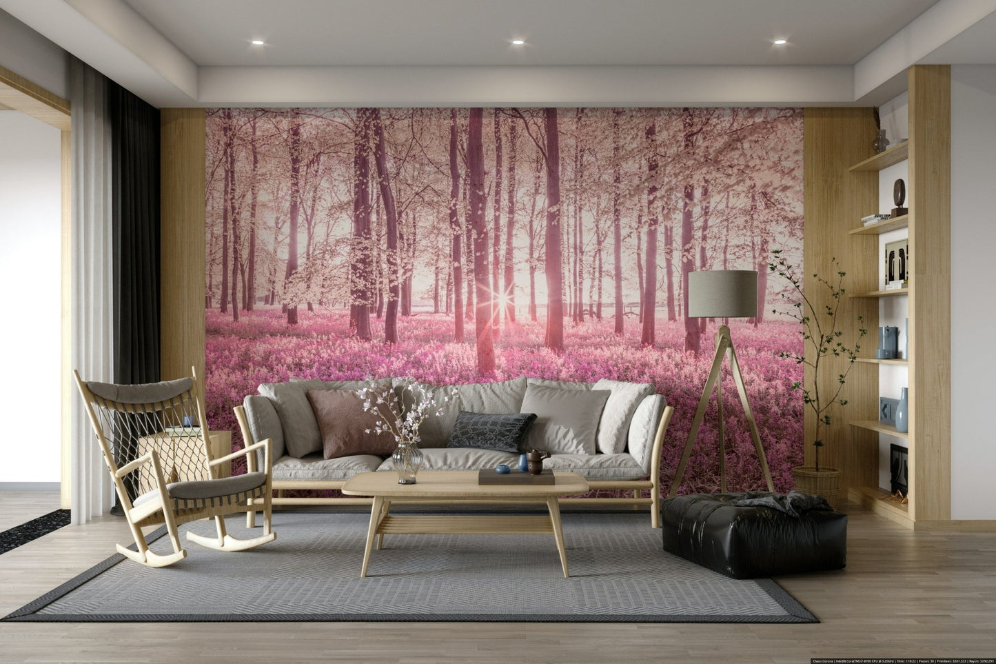 The trees and foliage have a soft, hazy appearance with pink tones.

