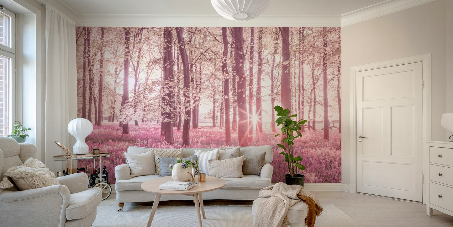 A close-up shot of the forest floor with a gentle pink hue.

