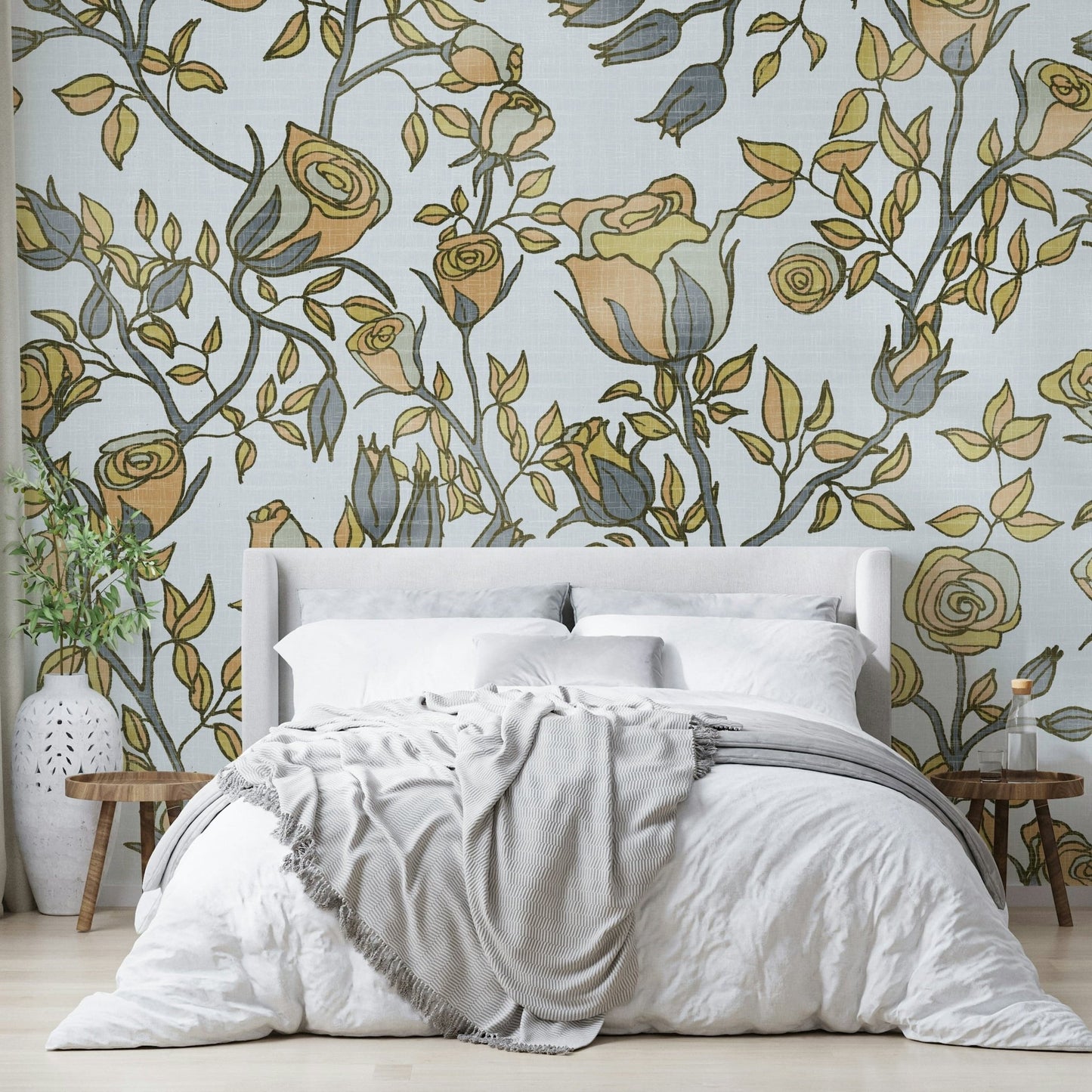 Soft golden and gray floral wallpaper close-up


