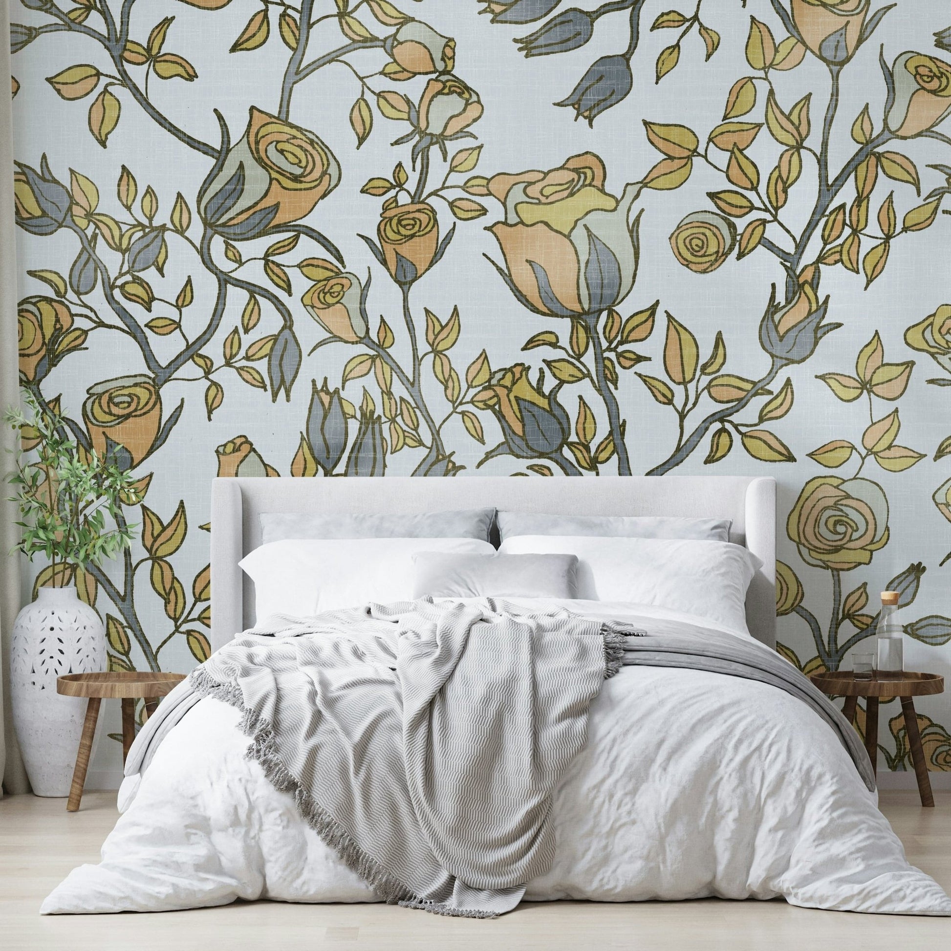 Soft golden and gray floral wallpaper close-up

