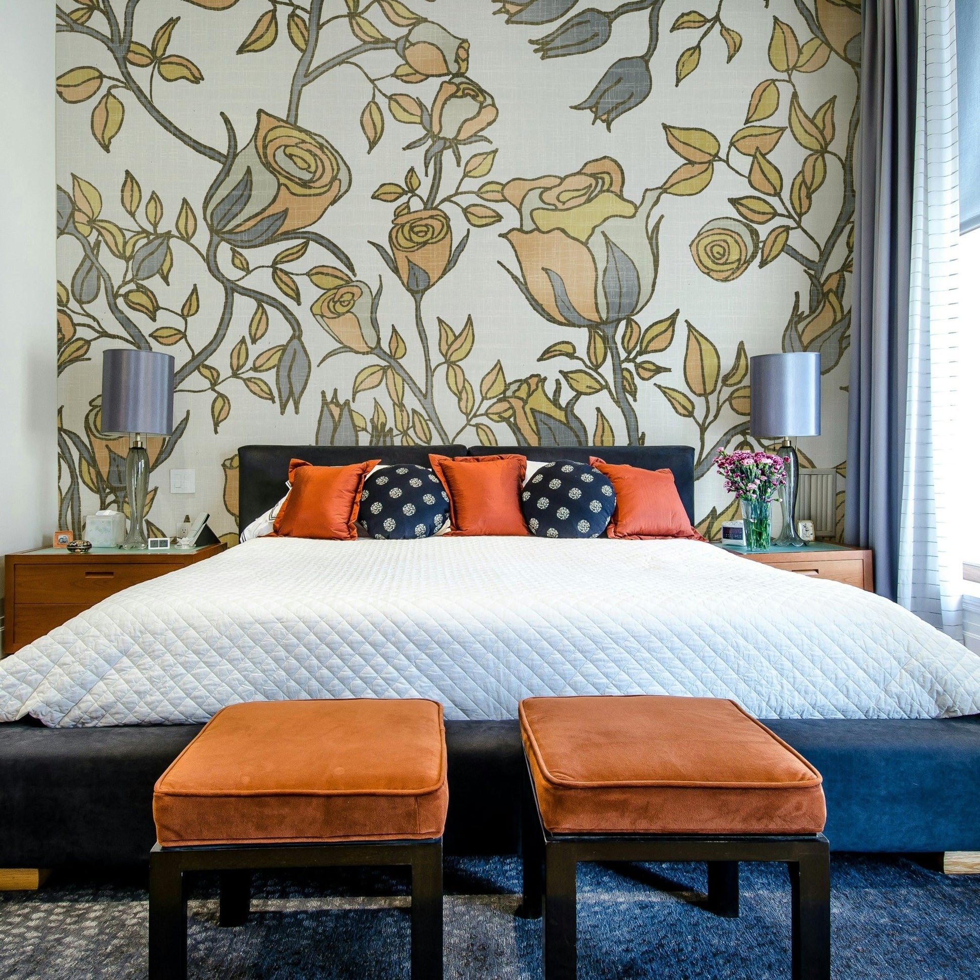 Botanical wallpaper with rose motifs

