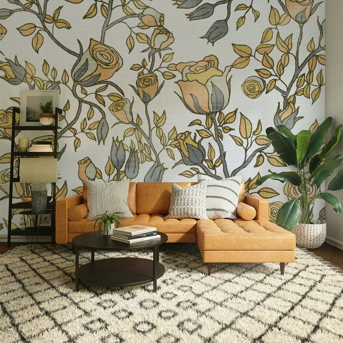 Subtle rose branch wallpaper mural design

