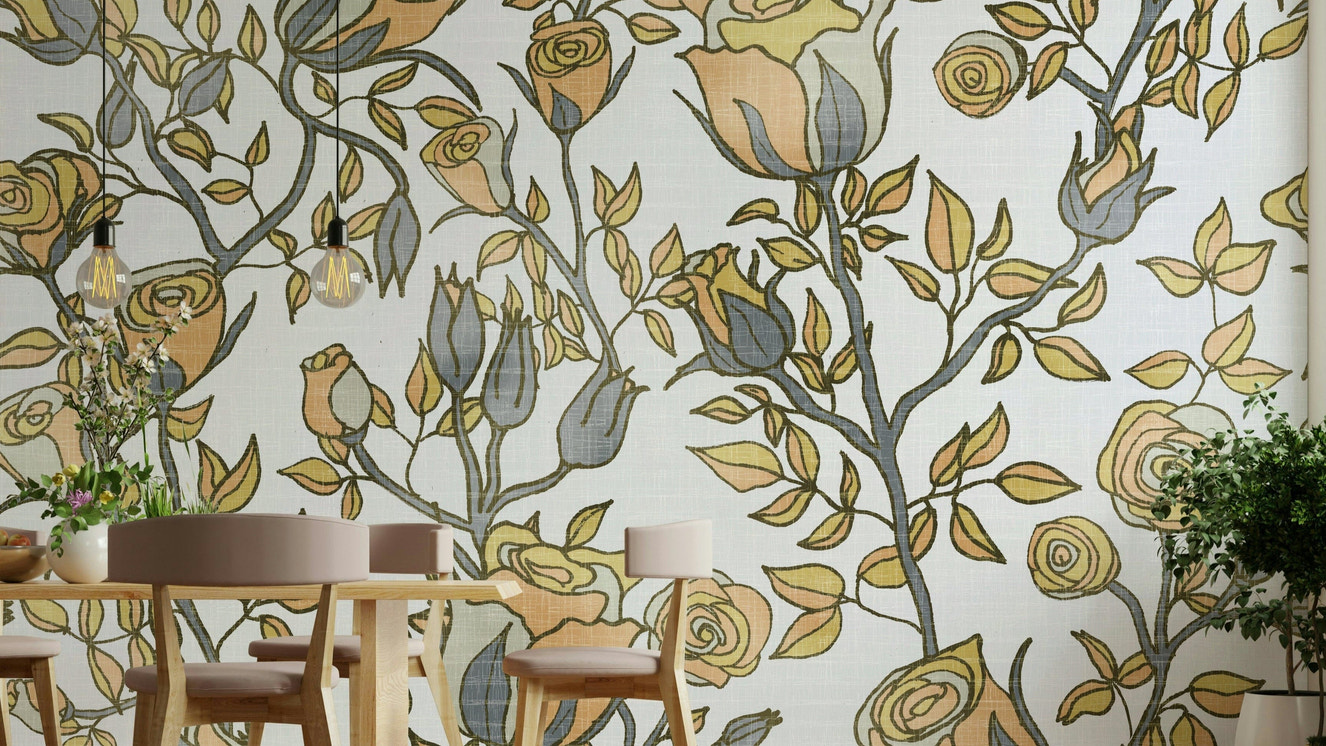 Roses Tree Golden and Gray wallpaper detail

