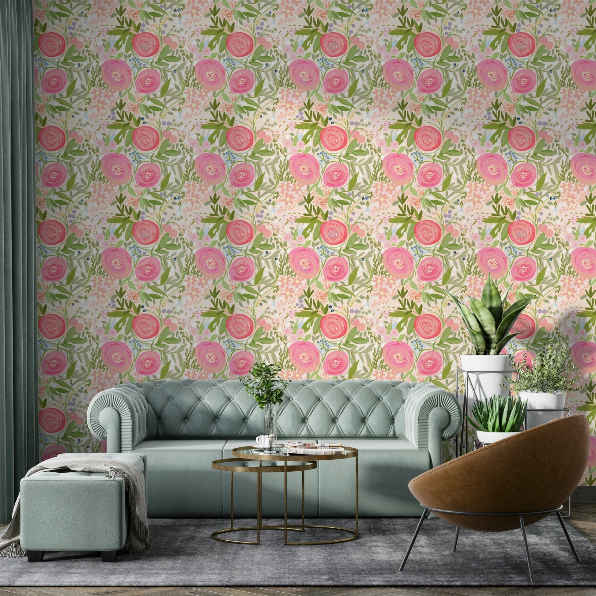 The peel and stick wallpaper showing realistic floral textures.

