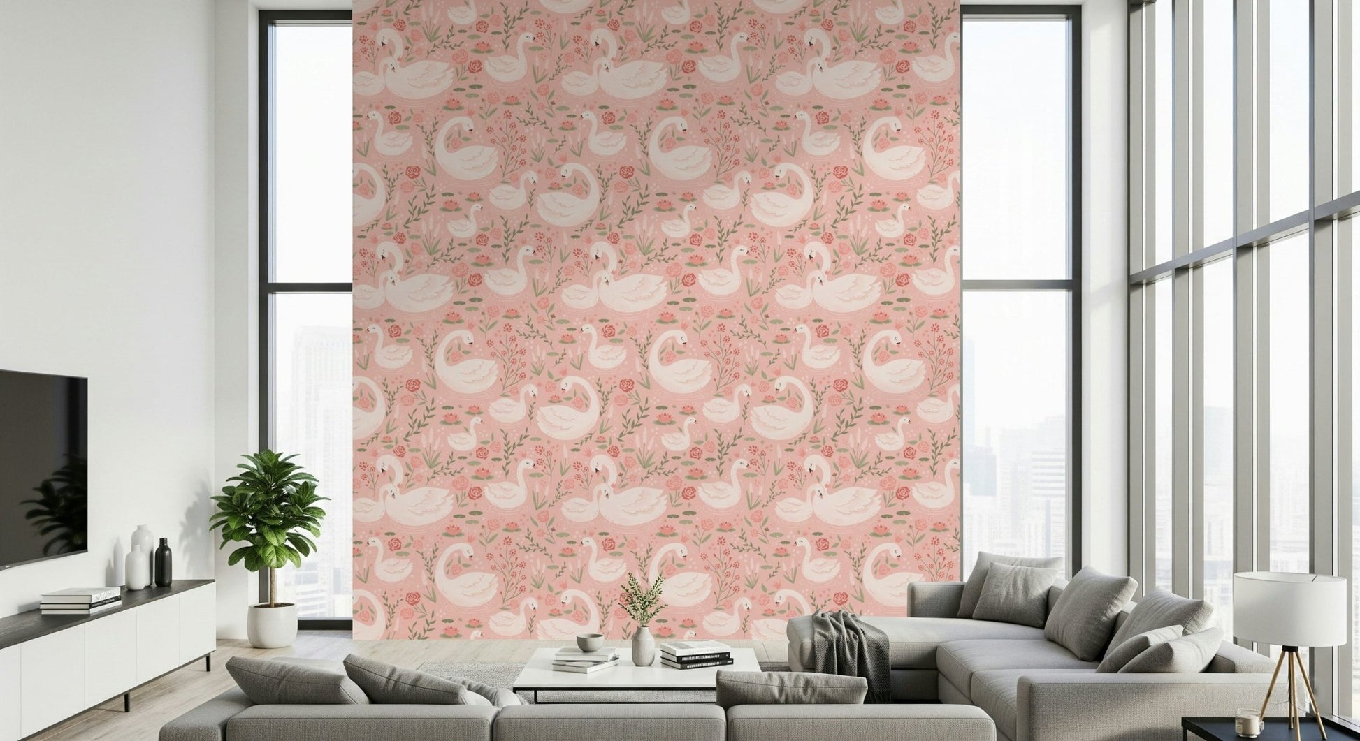 Decorative wallpaper for walls featuring the charming motif of the Rosy Swan Serenity Wallpaper collection.
