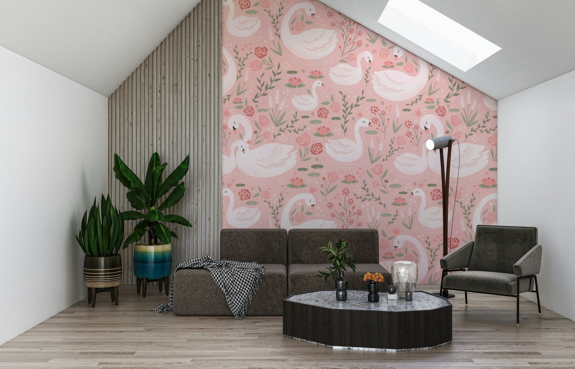 Continuous surface pattern of the Rosy Swan Serenity Wallpaper with playful rosebuds and water lilies.