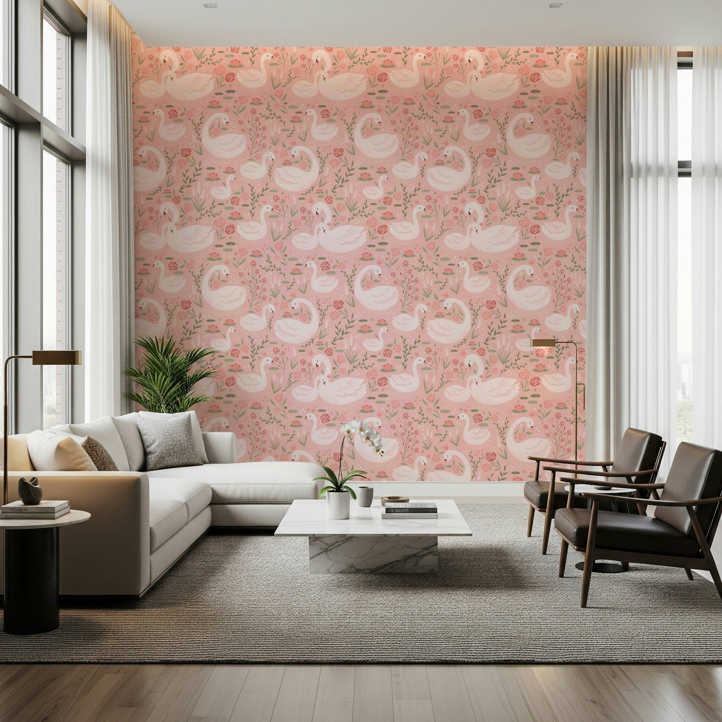 Artistic wallpaper mural featuring the serene and sweet illustrations of the Rosy Swan Serenity Wallpaper design.