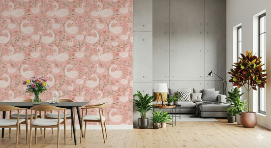 Sweet and elegant pond scene print, perfect for a nursery using the Rosy Swan Serenity Wallpaper.