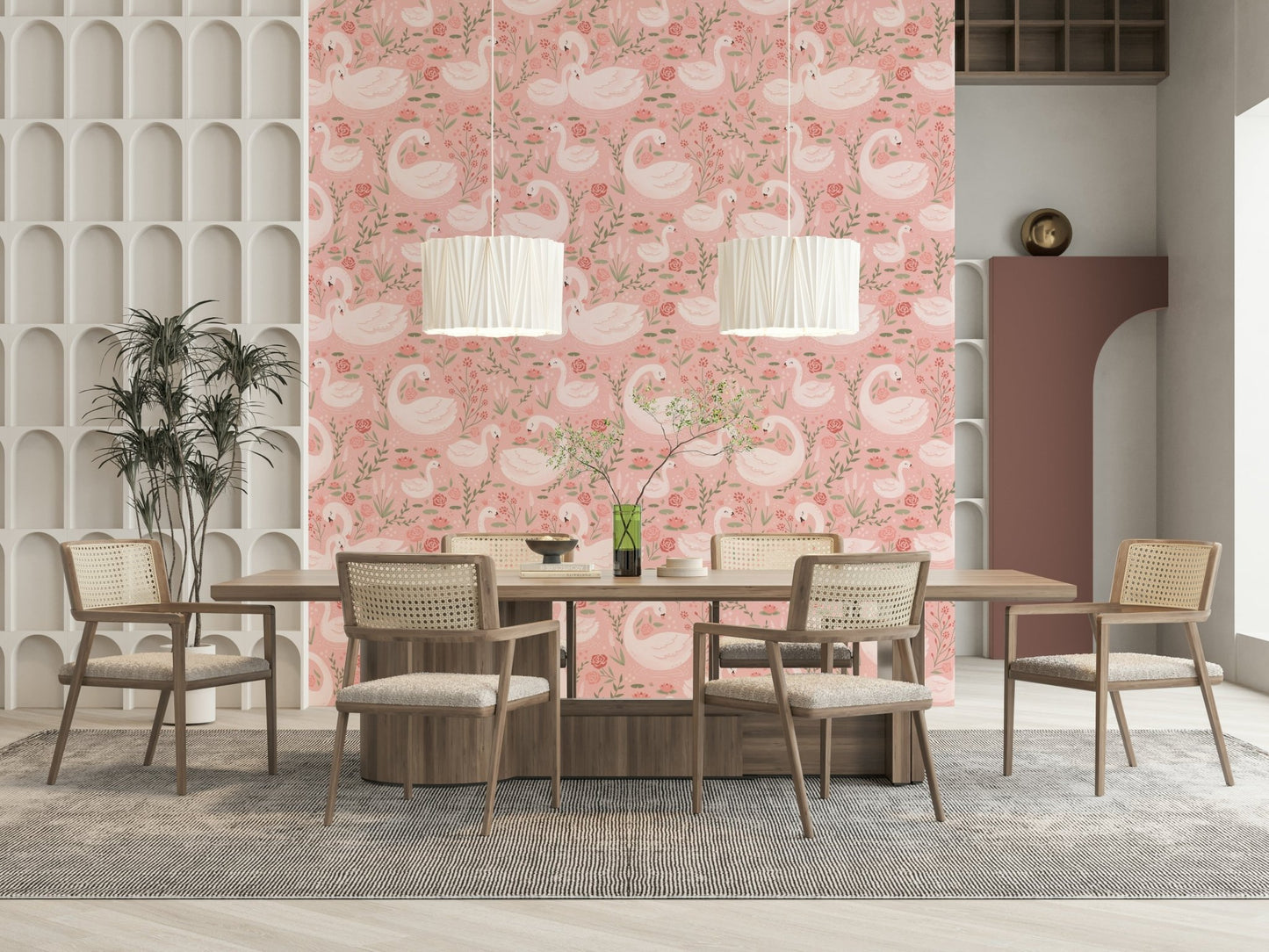 Whimsical white swans and lush floral elements arranged in a harmonious, repeating Rosy Swan Serenity Wallpaper pattern.