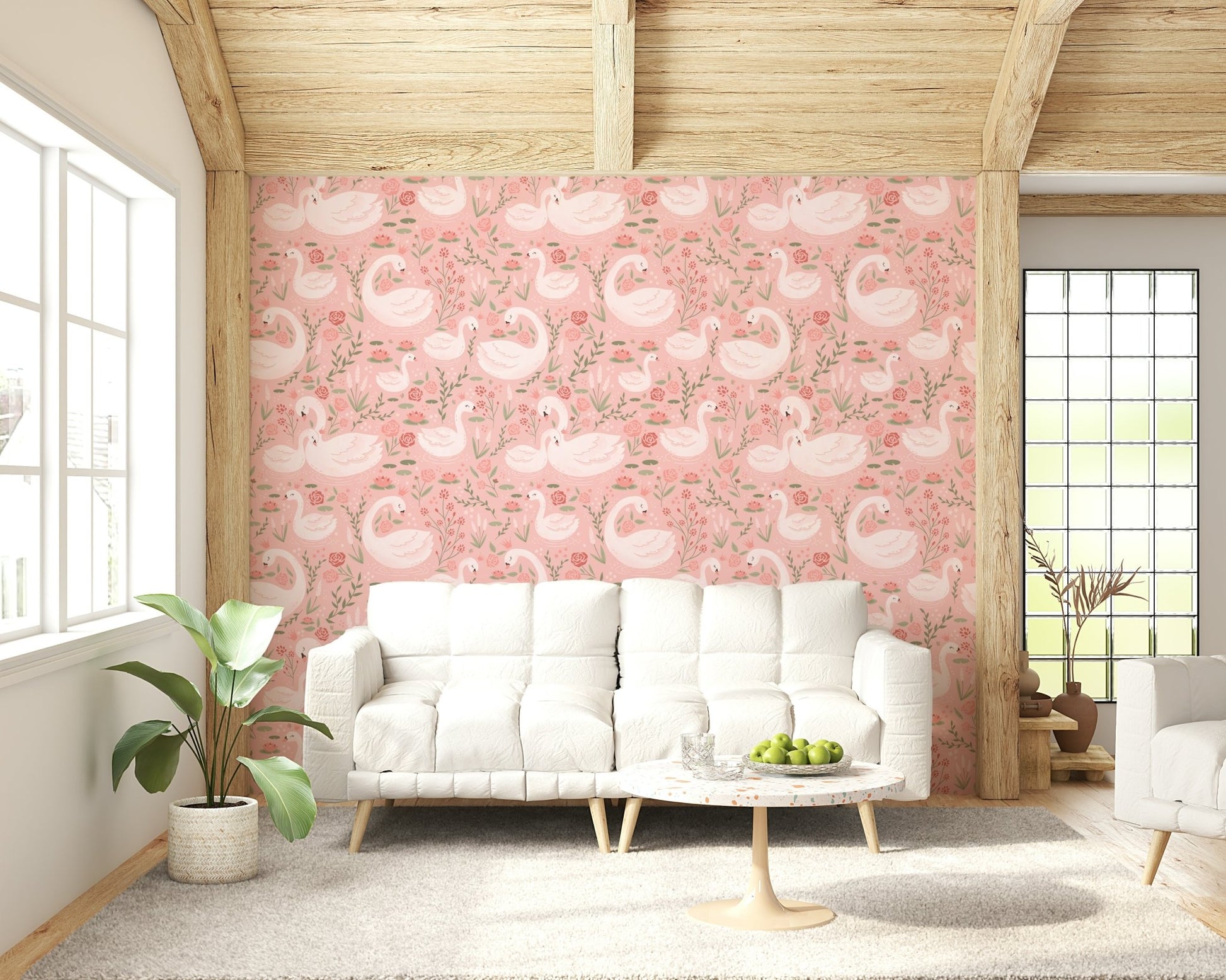 Illustrated white swans crowned with gold on a soft pink background, featured in the Rosy Swan Serenity Wallpaper mural.