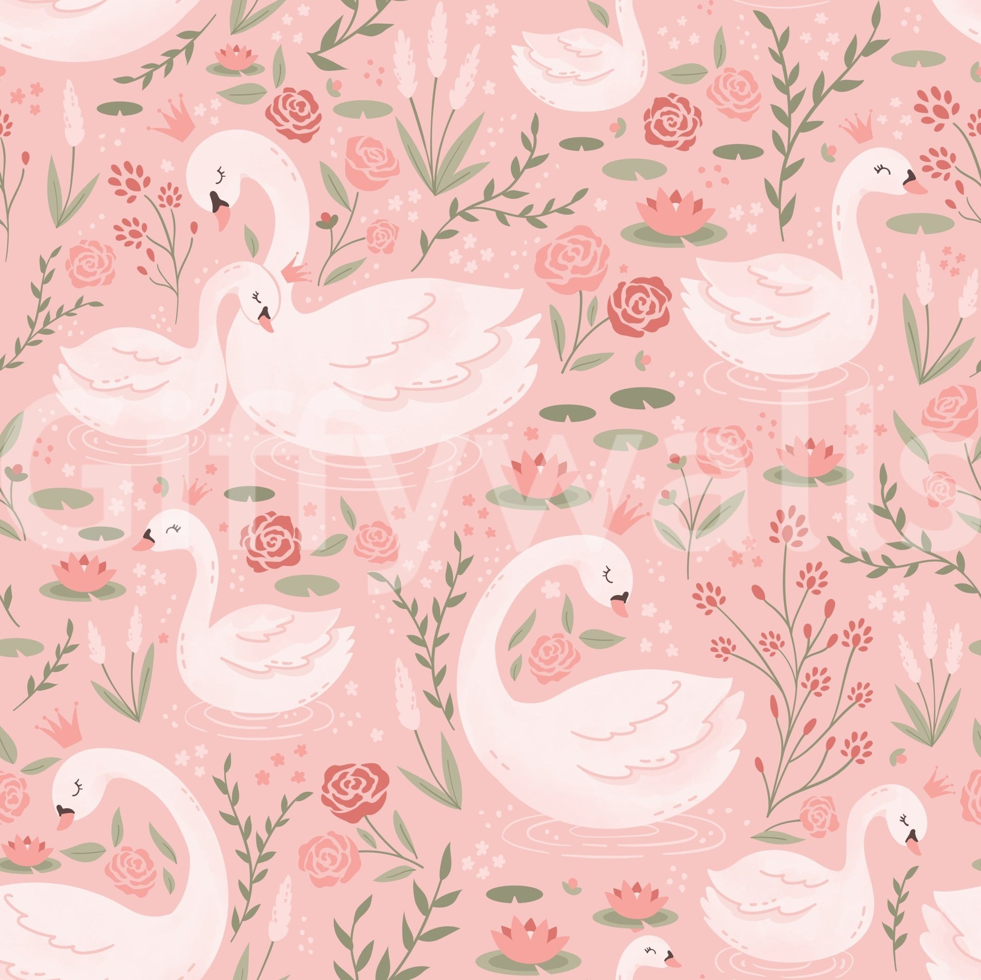Lovely pink aesthetic of the Rosy Swan Serenity Wallpaper featuring multiple swimming swans in an enchanted pond.