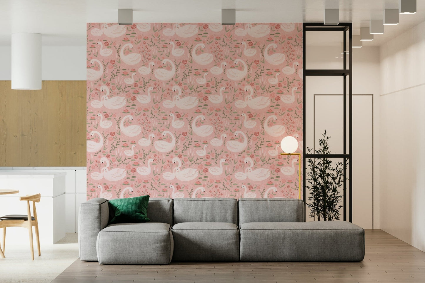 Interior room scene showcasing the vibrant pink color palette of the Rosy Swan Serenity Wallpaper on an accent wall.