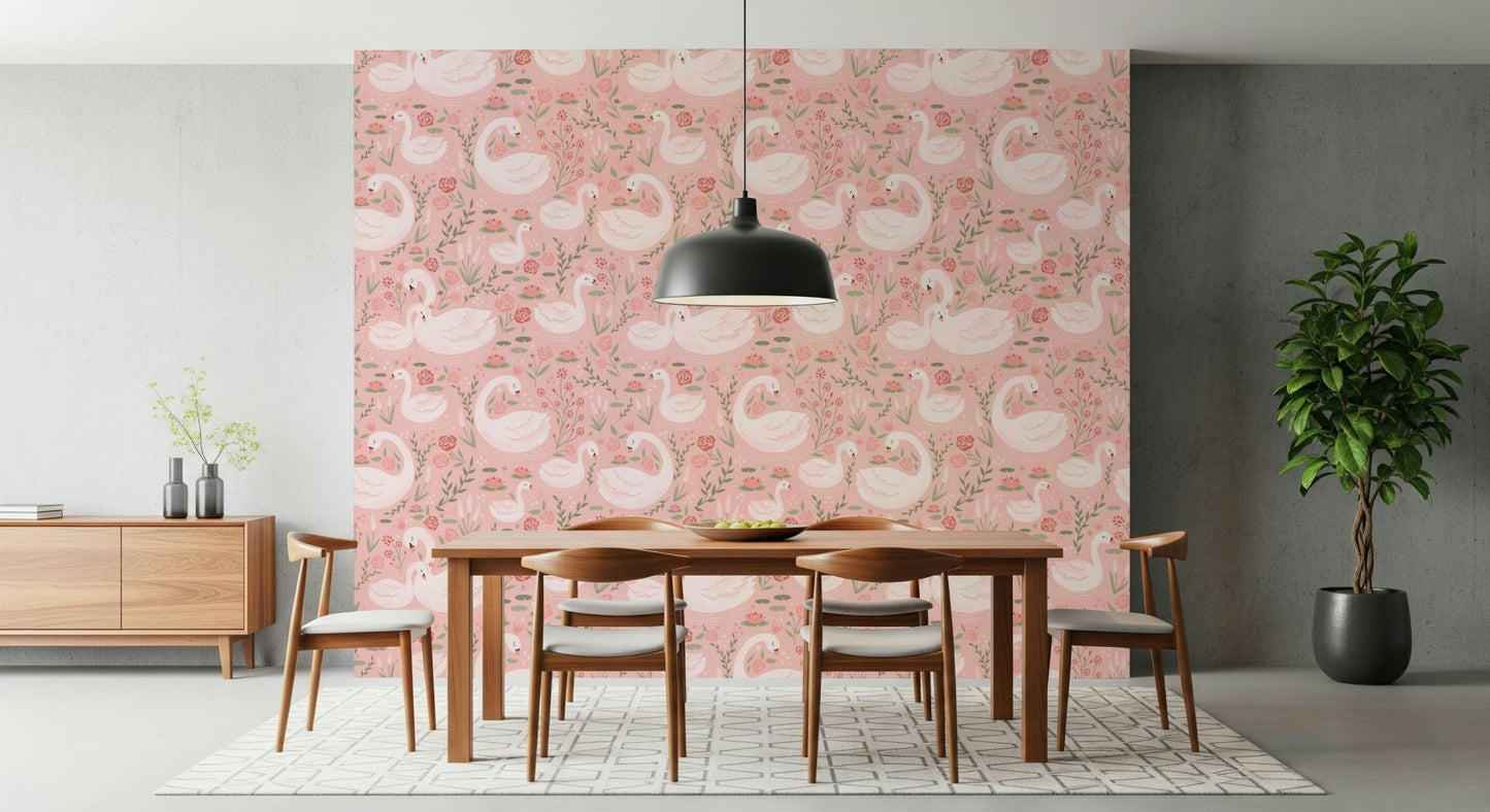 Calming and nature-inspired Rosy Swan Serenity Wallpaper print suitable for elegant children's decor and playrooms.