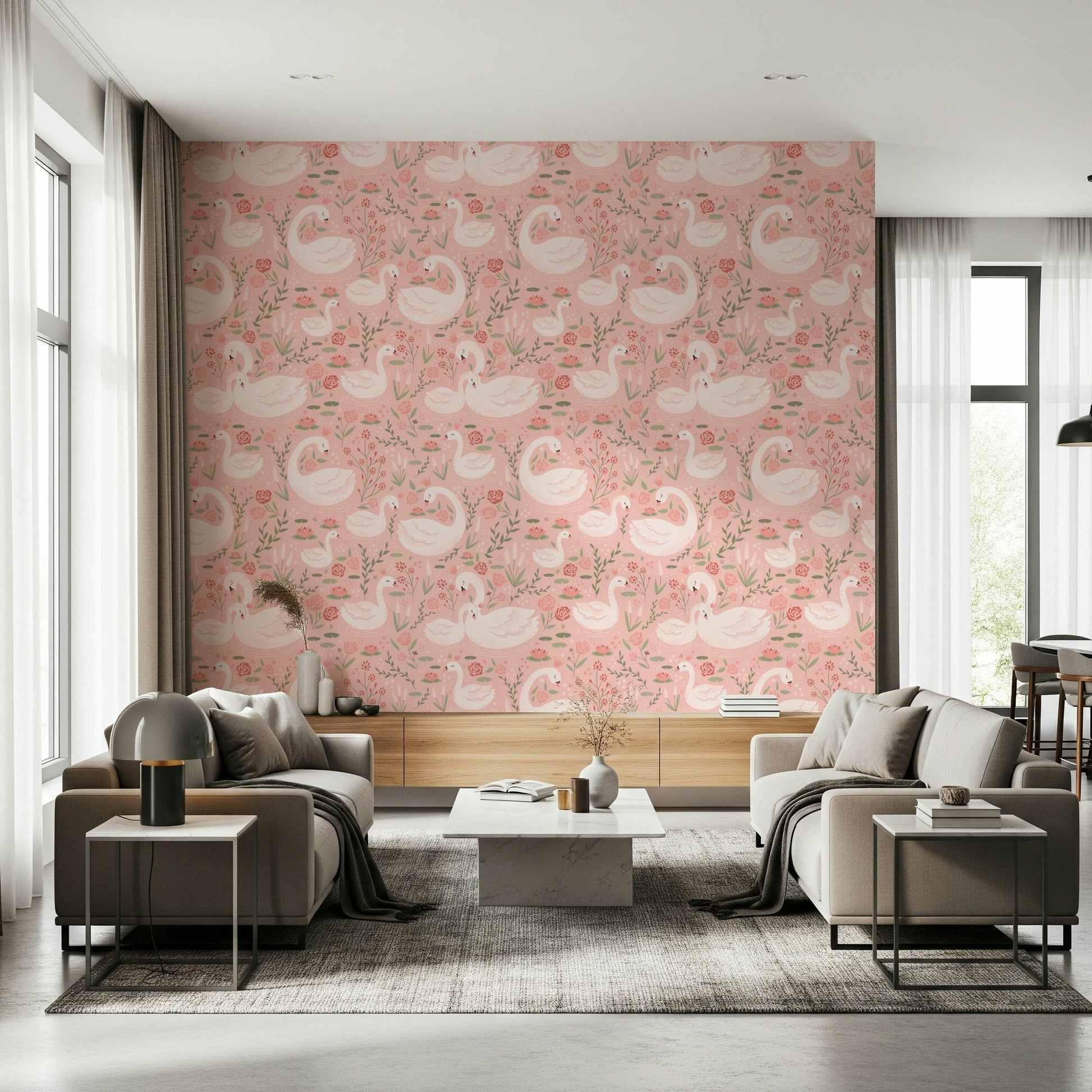 Fairytale-inspired Rosy Swan Serenity Wallpaper design with vibrant pink and pale sage green foliage.