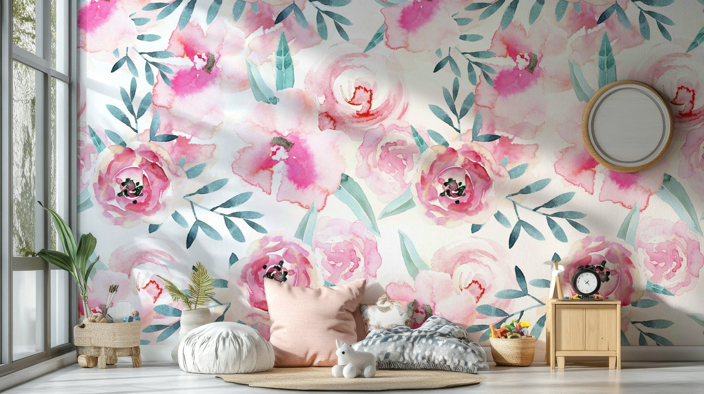 Rosy Watercolor Blooms Wall Mural