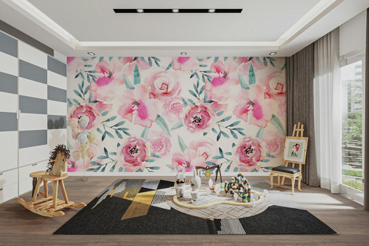 Rosy Watercolor Blooms Wall Mural