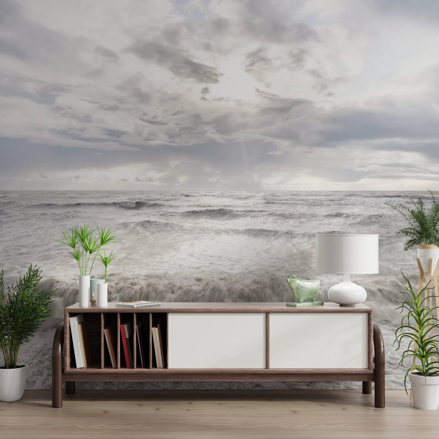 Entry console space styled with Rough Stormy Sea Wall Mural and horizon depth