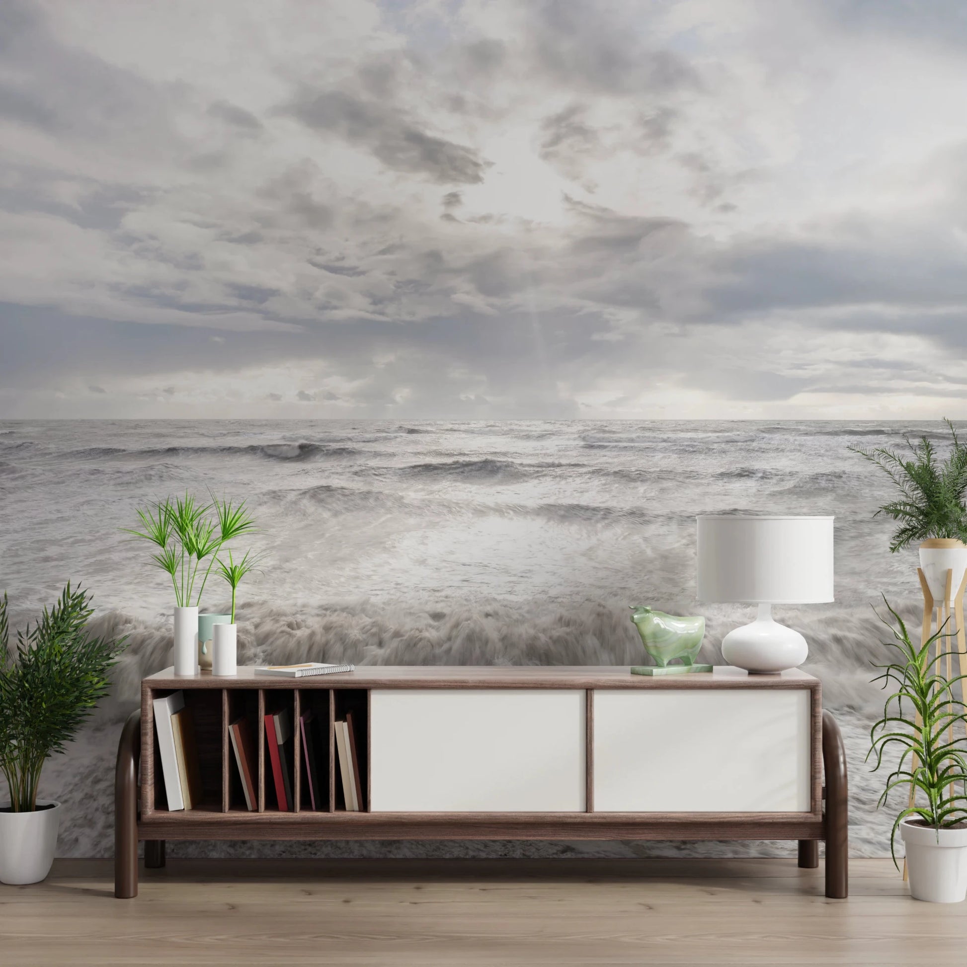 Entry console space styled with Rough Stormy Sea Wall Mural and horizon depth