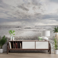 Entry console space styled with Rough Stormy Sea Wall Mural and horizon depth