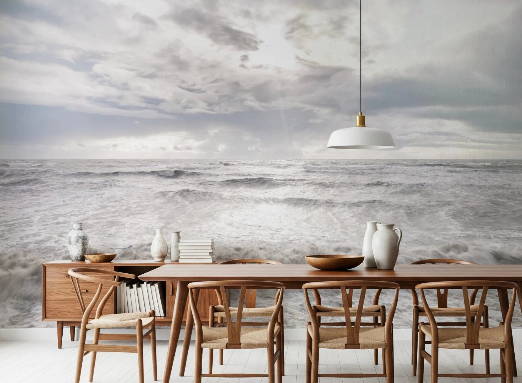 Dining room styled with Rough Stormy Sea Wall Mural and expansive wave horizon, GD8633