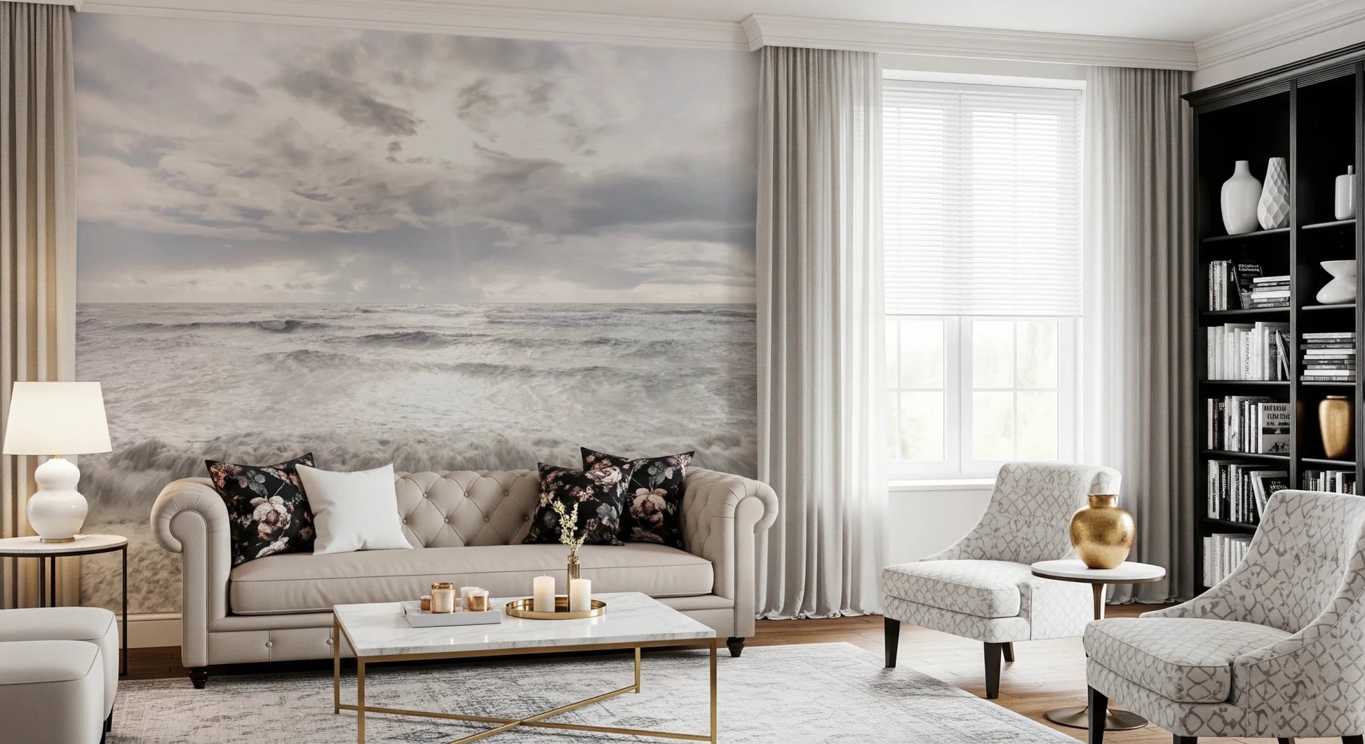 Living room interior uses Rough Stormy Sea Wall Mural for a dramatic sea scene