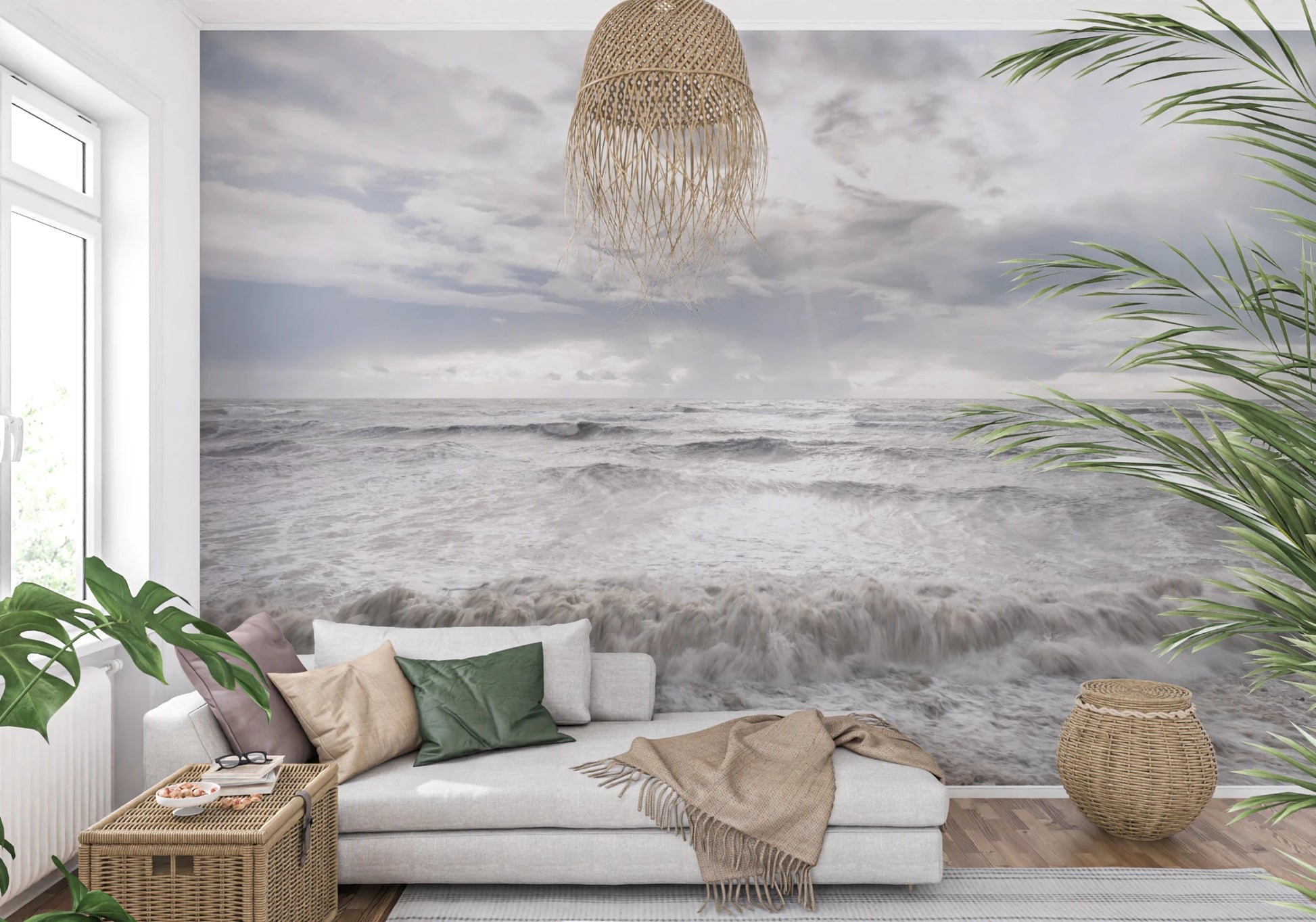 Bright seating area enhanced by Rough Stormy Sea Wall Mural and cloudy backdrop