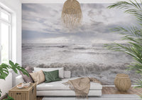 Bright seating area enhanced by Rough Stormy Sea Wall Mural and cloudy backdrop