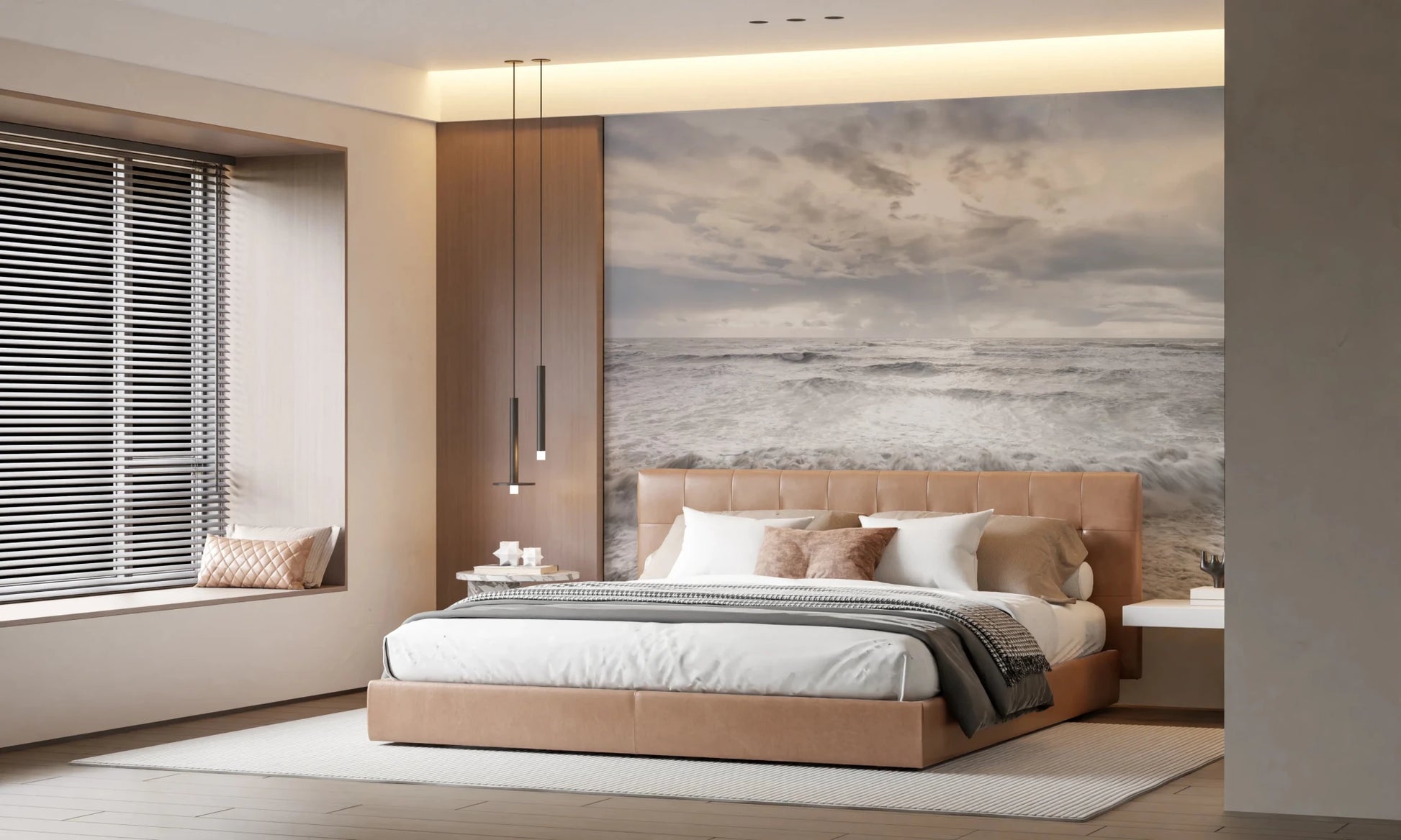 Bedroom setup shows Rough Stormy Sea Wall Mural behind bed with stormy waves