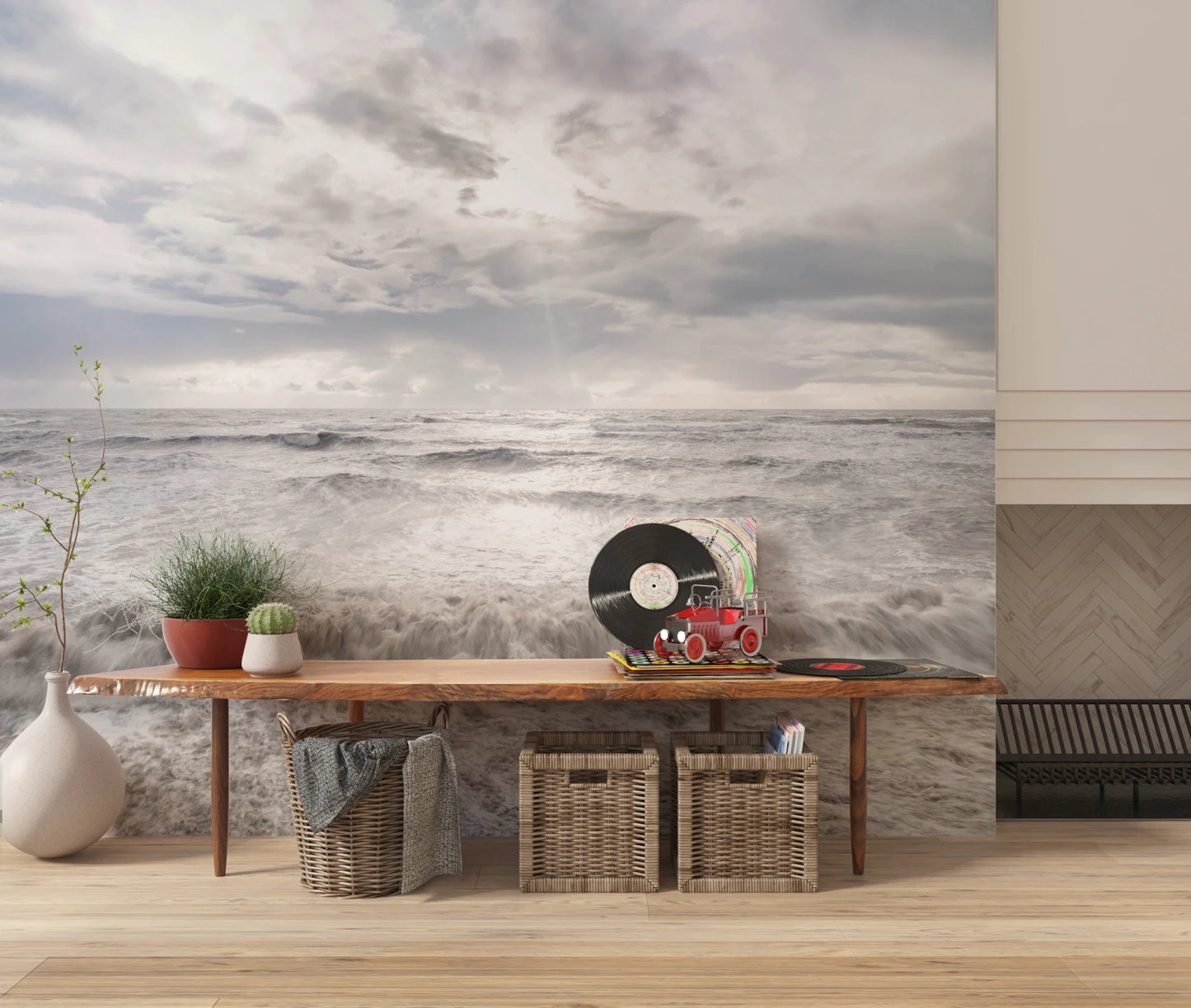 Lounge area paired with Rough Stormy Sea Wall Mural and textured ocean movement