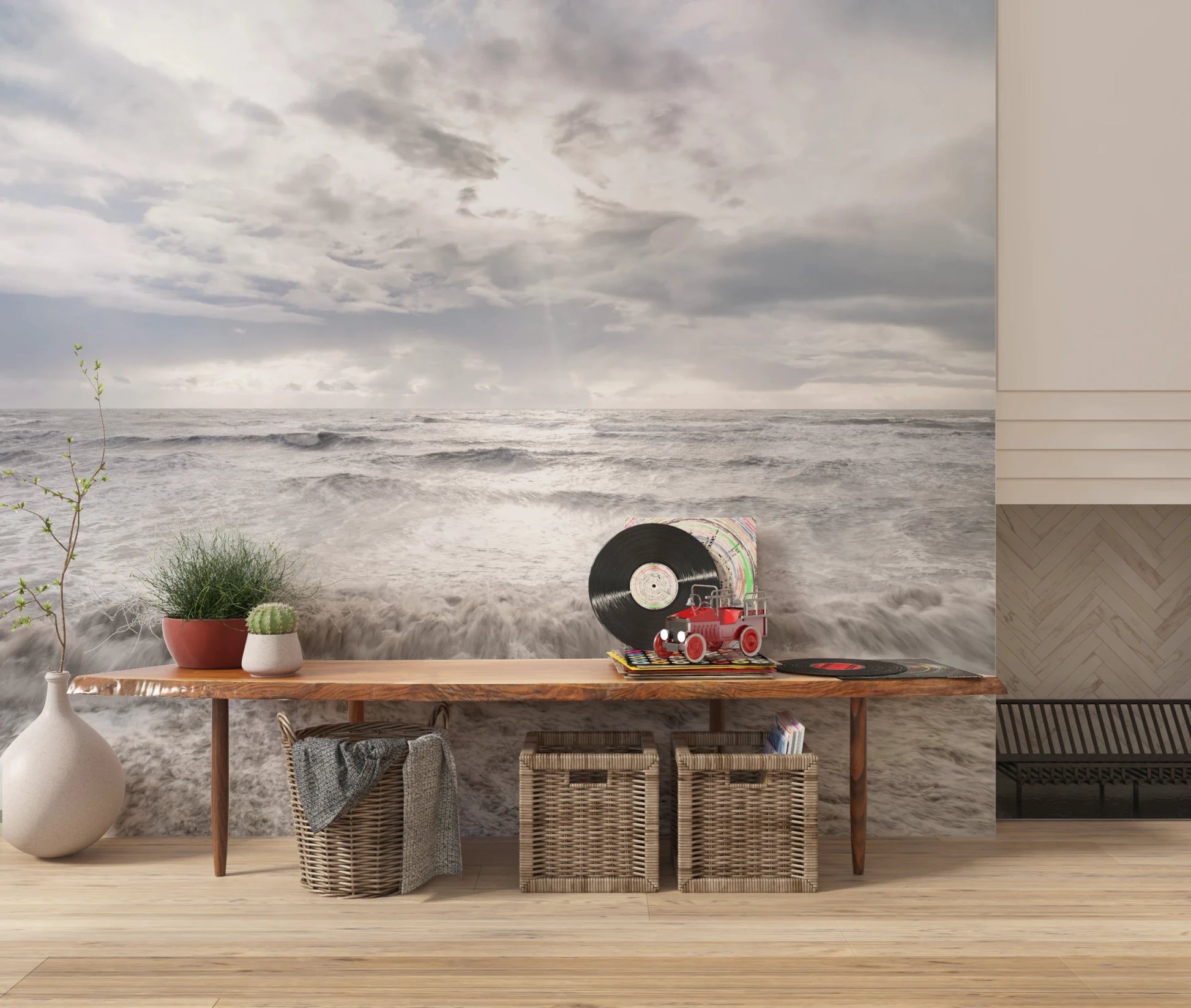 Lounge area paired with Rough Stormy Sea Wall Mural and textured ocean movement