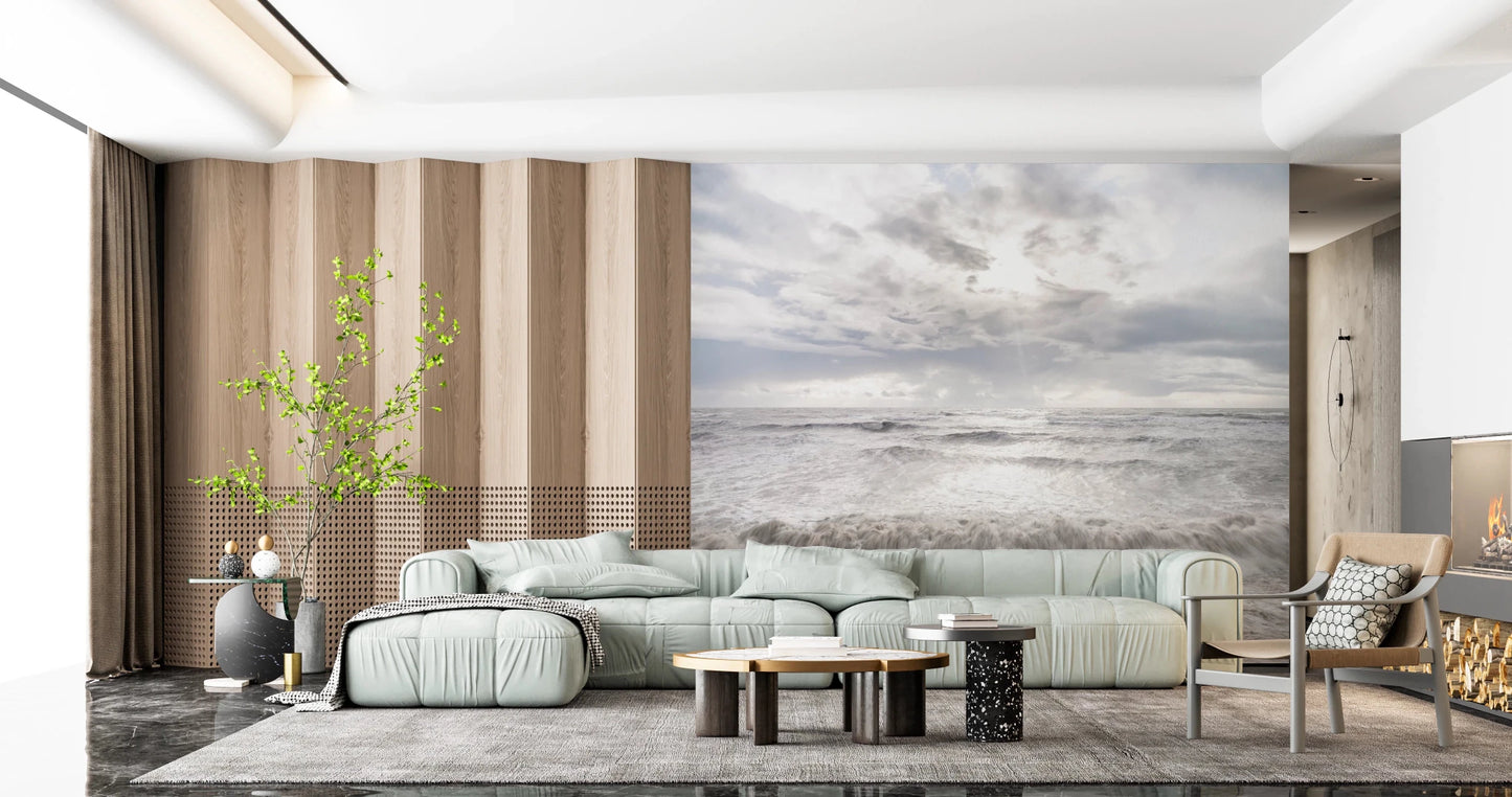 Contemporary Living features Rough Stormy Sea Wall Mural with layered surf tones