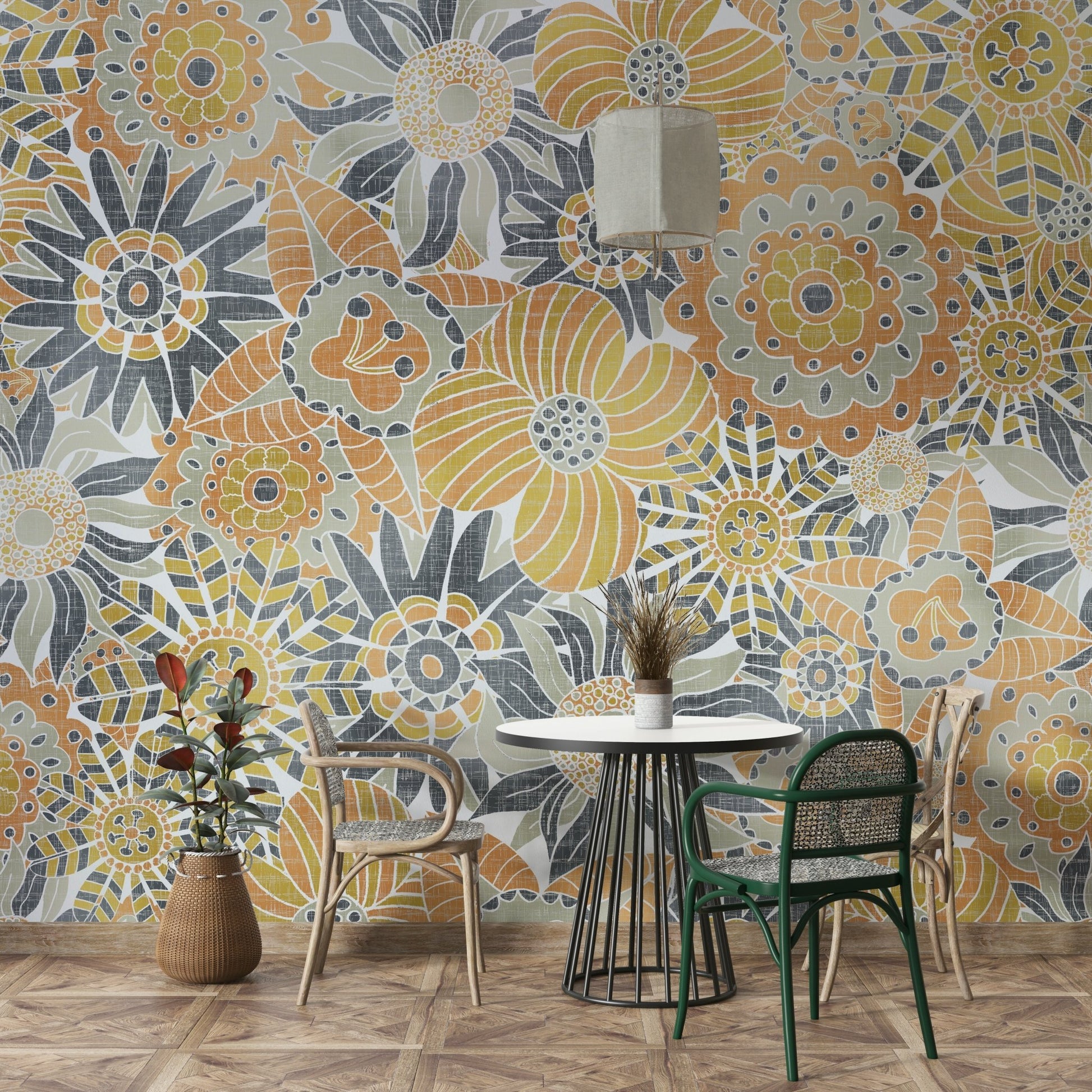 Gray and golden floral wallpaper detail

