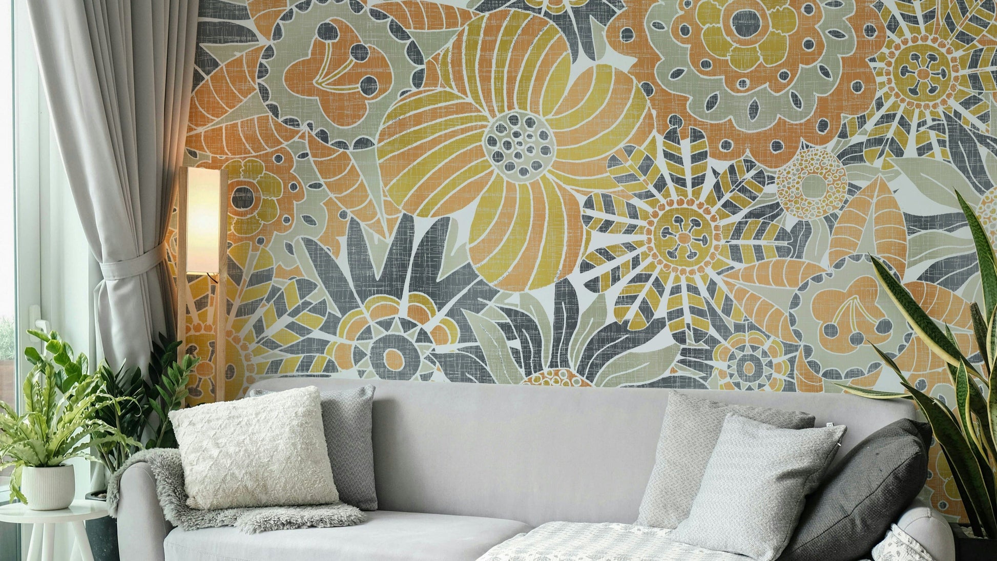 Golden and gray floral wallpaper close-up

